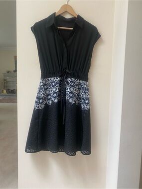 Black & White Floral Lace A-Line Dress with Drawstring Waist